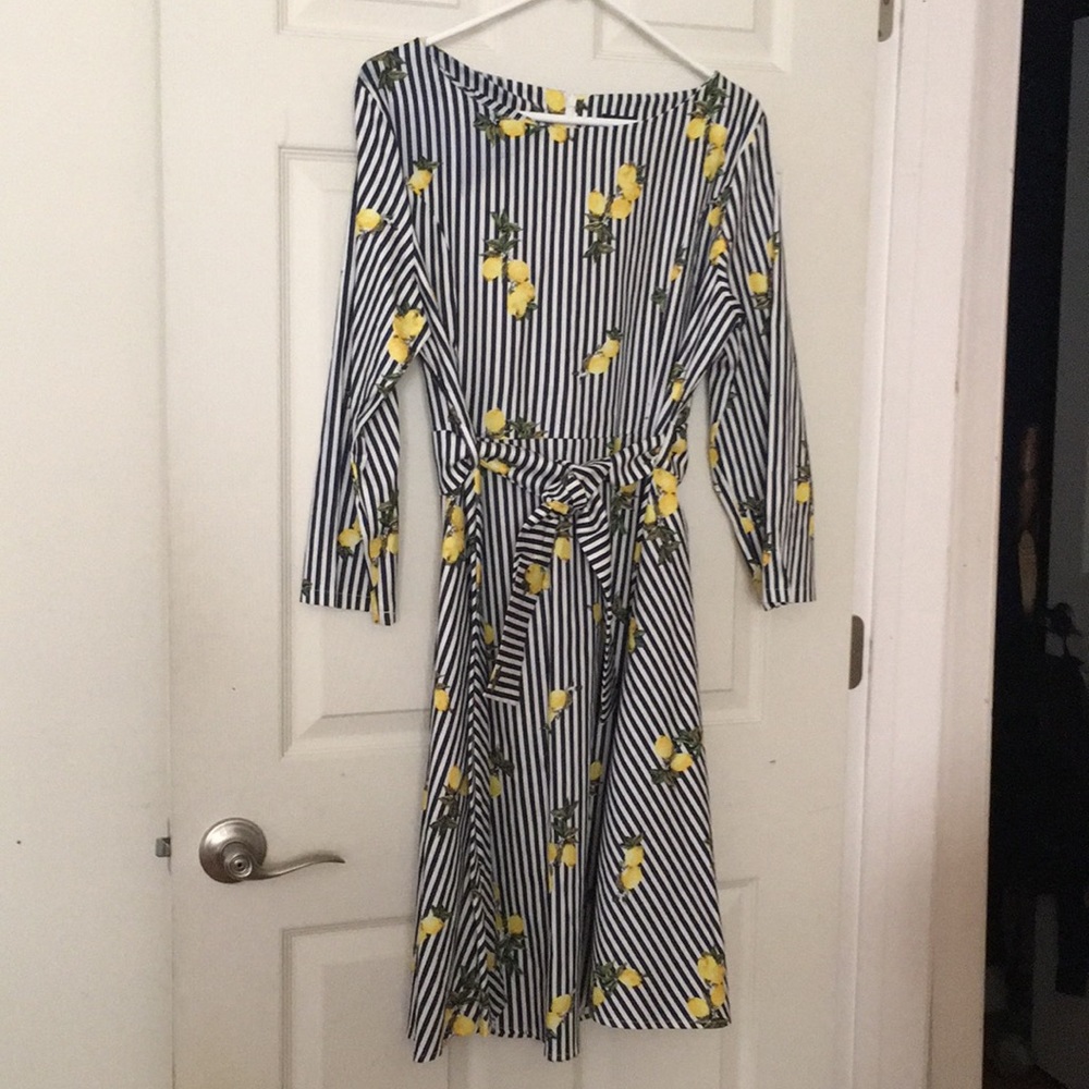 Summer cotton stretch dress with lemon & stripes